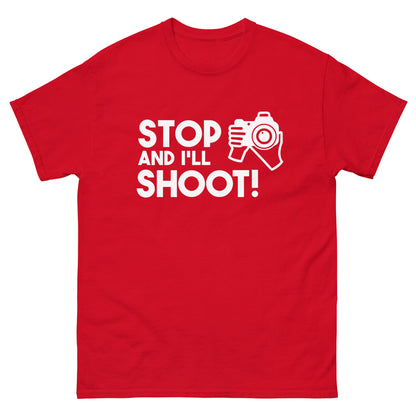 Herren-T-Shirts - Stopp und ich schieße - Weißes Logo