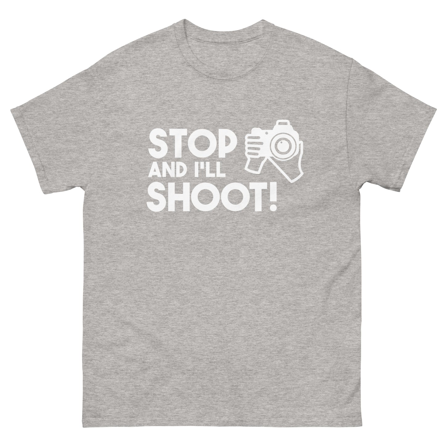 Herren-T-Shirts - Stopp und ich schieße - Weißes Logo